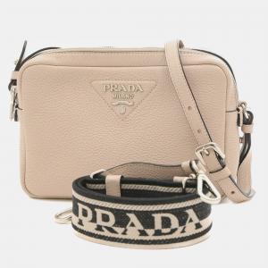 Prada Beige Leather Vitello Danio Signature Logo Crossbody Bag