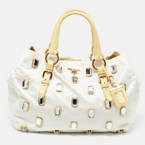 Pre Owned Prada Light Yellow/Cream Nylon and Patent Leather Crystals Embellished Tote