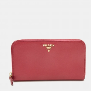 Pre Owned Prada Fuchsia Saffiano Metal Leather Logo Zip Around Wallet
