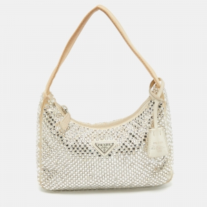 Pre Owned Prada White Satin Crystal Embellished Re-Edition 2000 Baguette Bag