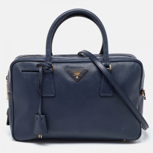 Prada Blue Saffiano Lux Leather Boston Bag