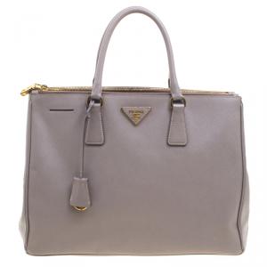 Pre Owned Prada Grey Saffiano Lux Leather Large Double Zip Tote