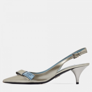 Prada Grey Patent Leather Bow Slingback Pumps Size 37