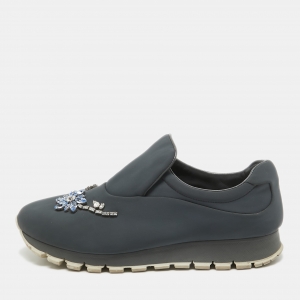 Prada Grey Nylon Crystal Embellished Slip On Sneakers Size 39.5