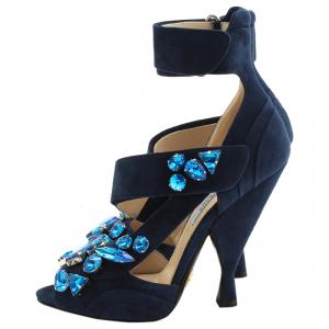 Prada Blue Crystal Embellished Suede Ankle Strap Sandals Size 37