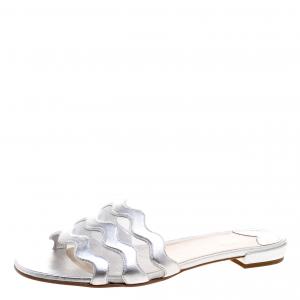 Pre Owned Prada Silver Metallic Wavy Leather and Mesh Flat Slides Size 38