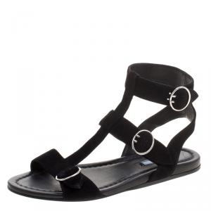 Prada Black Suede Ankle Wrap T Strap Flat Sandals Size 38.5