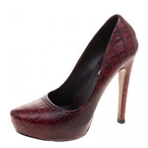 Pre Owned Prada Brick Red Croc Embossed Leather Pumps Size 36