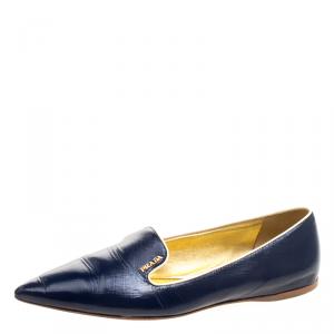 Pre Owned Prada Blue Saffiano Leather Pointed Toe Flat Smoking Slippers Size 38