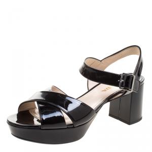 Pre Owned Prada Black Patent Leather Criss Cross Ankle Strap Block Heel Platform Sandals Size 38