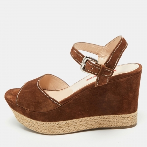 Prada Brown Suede Ankle Strap Wedge Sandals Size 38.5