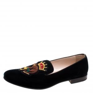 Pre Owned Prada Green Velvet Monkey Embroidered Smoking Slippers Size 39