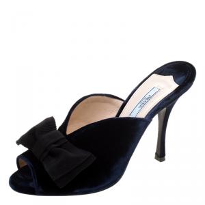 Pre Owned Prada Navy Blue Velvet Grosgrain Peep Toe Mules Size 40