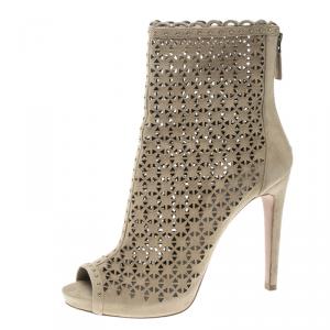 Pre Owned Prada Beige Suede Laser Cut Peep Toe Boots Size 39.5