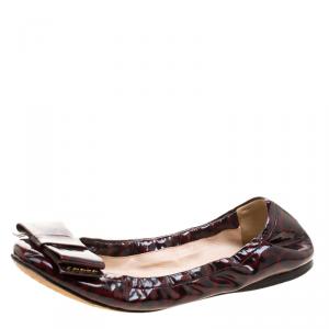 Pre Owned Prada Dark Burgundy Leopard Print Patent Leather Bow Ballet Flats Size 35.5
