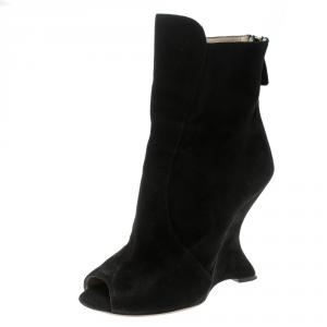 Pre Owned Prada Black Suede Peep Toe Wedge Ankle Boots Size 36