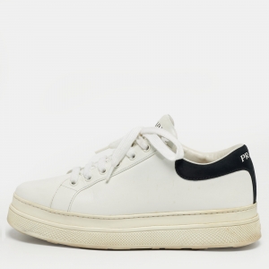Pre Owned Prada White/Black Leather Lace Up Low Top Sneakers Size 38.5