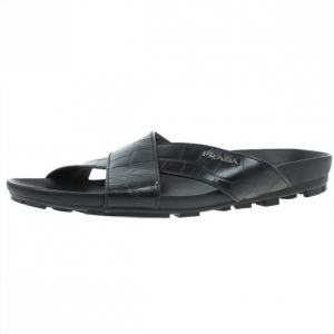 Prada Sport Black Croc Embossed Criss Cross Slides Size 41