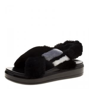 Prada Black Faux Fur Criss Cross Strap Flat Sandals Size 39