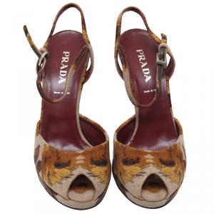 Pre Owned Prada Beige/Brown Floral Print Canvas Peep Toe Platform Sandals Size 37