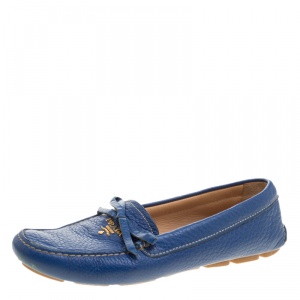 Pre Owned Prada Blue Leather Bow Loafers Size 38