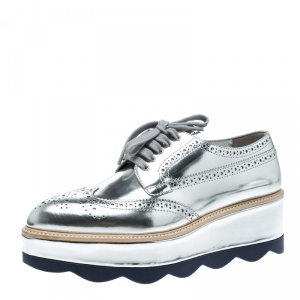 Prada Metallic Silver Brogue Leather Wave Wingtip Platform Derby Sneakers Size 37.5
