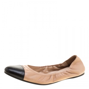 Pre Owned Prada Beige/Black Cap Toe Scrunch Ballet Flats Size 38.5