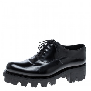 حذاء أكسفورد برادا نعل سميك لوغ - سول جلد أسود مقاس 37.5