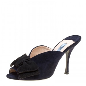Prada Navy Blue Suede Bow Embellished Peep Toe Mules Size 37