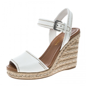 Prada White Leather Flaviana Open Toe Ankle Strap Wedge Sandals Size 38