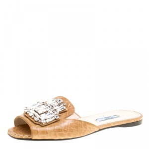 Pre Owned Prada Beige Croc Embossed Leather Crystal Embellished Flat Slides Size 38
