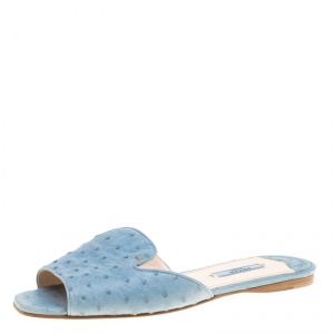 Pre Owned Prada Powder Blue Ostrich Leather Flat Slides Size 38
