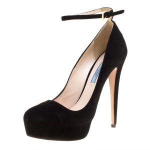 Pre Owned Prada Black Suede Ankle Strap Platform Pumps Size 38