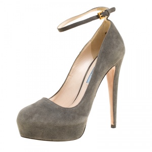 Pre Owned Prada Grey Suede Ankle Strap Platform Pumps Size 37