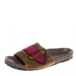 Prada Brown And Pink Velvet Flat Slides Size 39