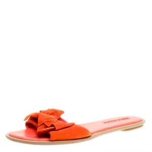 Prada Sport Coral Orange Suede Bow Slides Size 37
