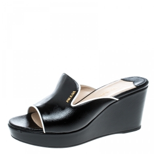 Pre Owned Prada Metallic Black Patent Leather Wedge Slides Size 37