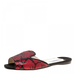 Prada Black/Red Floral Sequins Embellished Flat Slides Size 38