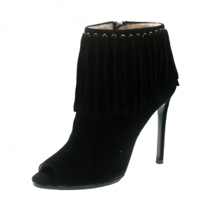 Pre Owned Prada Black Suede Fringe Detail Peep Toe Ankle Boots Size 36.5