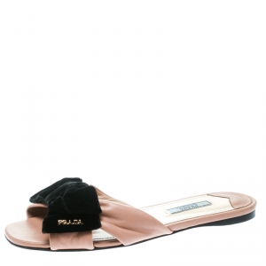 Pre Owned Prada Special Edition Beige Leather With Black Velvet Bow Peep Toe Flat Slides Size 37.5