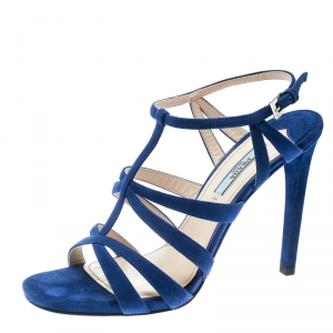 Prada Blue Suede Cross T Strappy Sandals Size 38.5