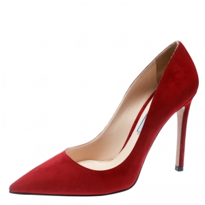 Pre Owned Prada Red Suede Pointed Toe Pumps Size 36.5