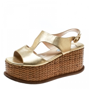 Prada Gold Saffiano Leather Wedge Sandals Size 37.5