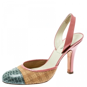 Pre Owned Prada Multicolor Woven Raffia and Alligator Cap Toe Sandals Size 37