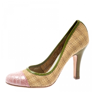 Pre Owned Prada Multicolor Woven Raffia And Alligator Cap Toe Pumps Size 36