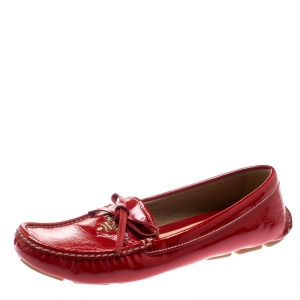 Pre Owned Prada Red Patent Leather Bow Loafers Size 39.5