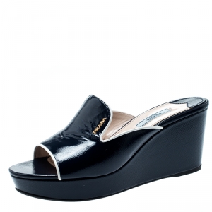 Pre Owned Prada Blue Saffiano Leather Wedge Mules Size 38