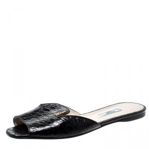 Prada Black Croc Embossed Leather Slide Size 40