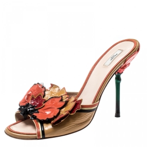 Prada Tricolor Patent Leather Flower Embellished Sandals Size 40.5