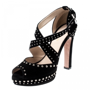 Prada Black Suede Studded Cross Strap Platform Sandals Size 38
